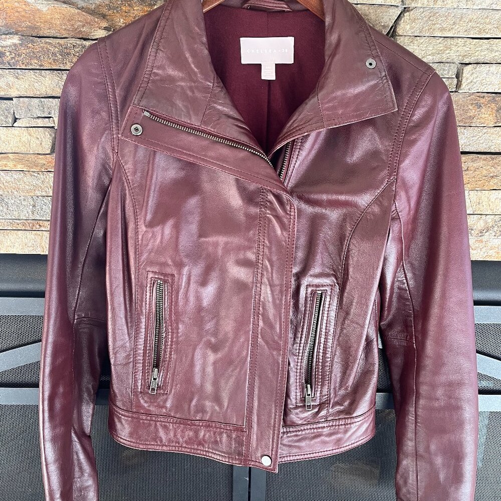 Chelsea 28 Lambskin Leather Moto in burgundy xxs